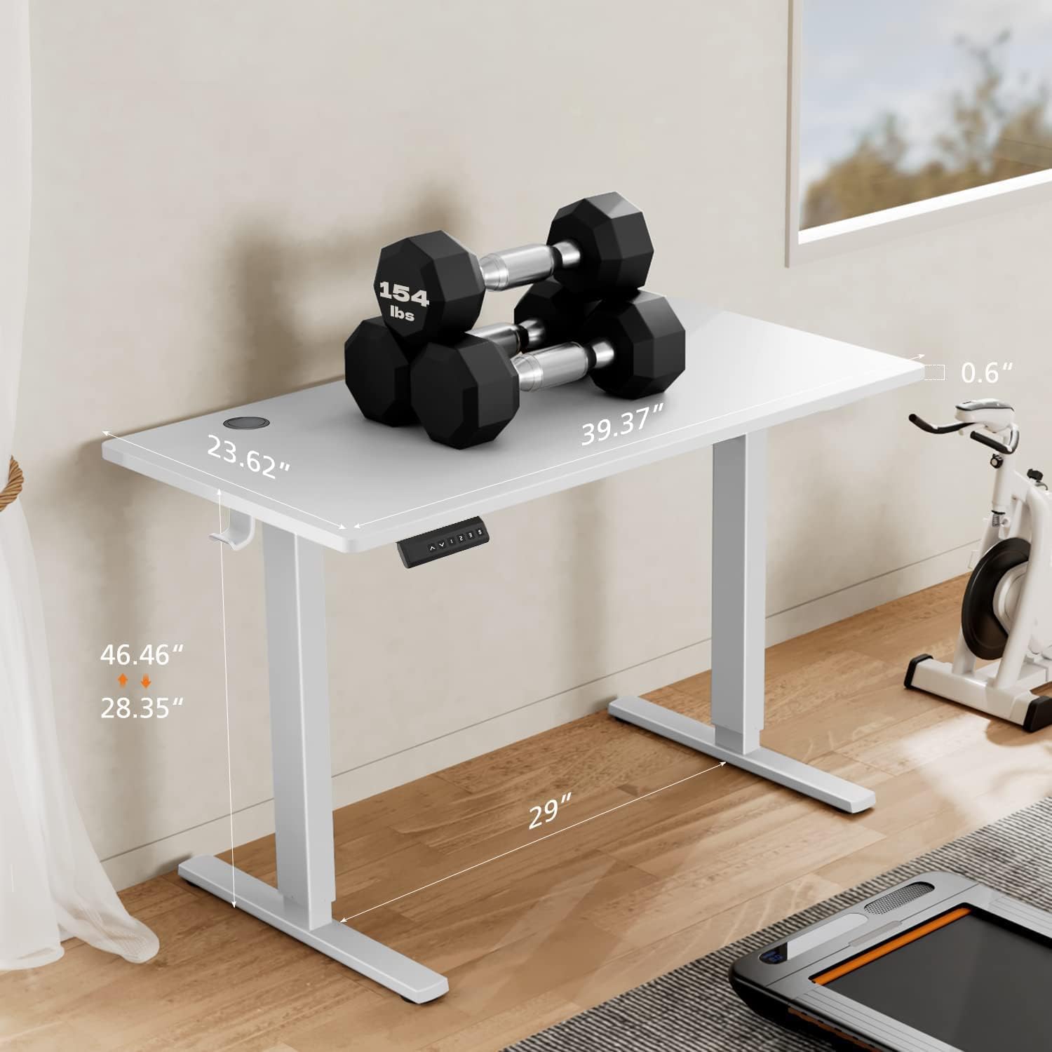 Diagram showing the dimensions of the edx Electric Standing Desk, including height, width, and depth, with dumbbells on top indicating weight capacity.