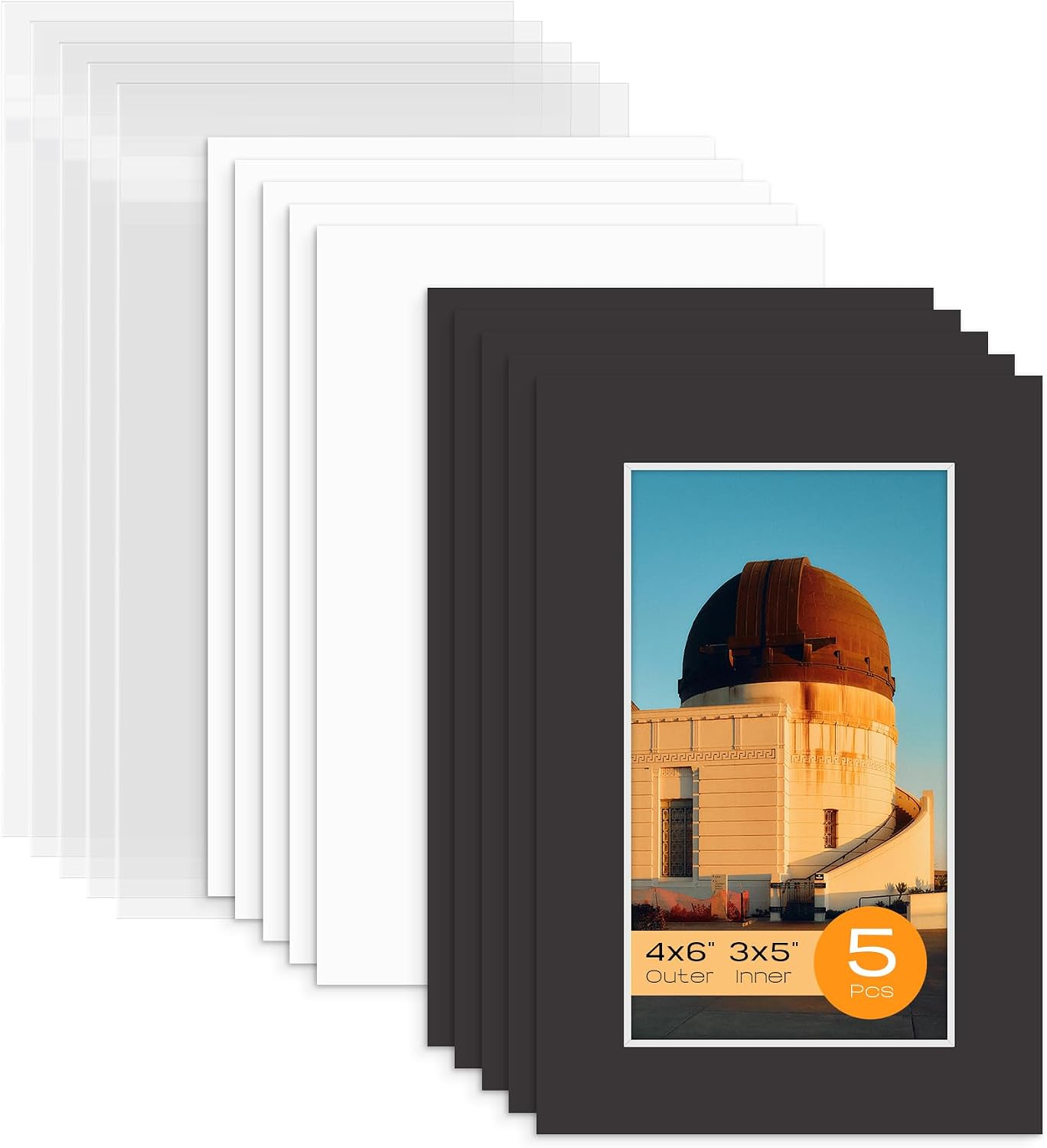 Mat Board Center, Pack of 5 Bevel Cut 4x6 Black Mat for 3x5 Photo with White Core Matte Set, Includes 5 Acid Free Mats, 5 Backing Board and 5 Clear Bags
