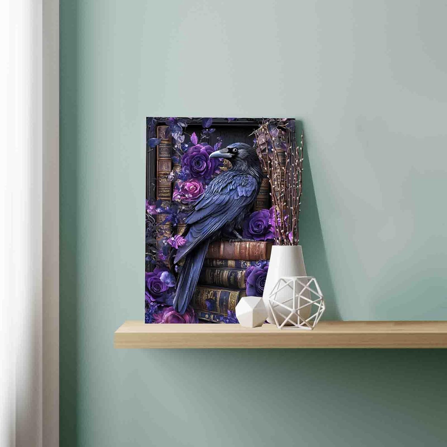 Aihonmin Halloween Purple Crow Paint by Number for Adults Beginner Purple Rose and Books Paint by Number Kits on Canvas Simple Painting DIY Acrylic Paintwork Home Wall Decor Gifts 16"x20" (DIY Frame)