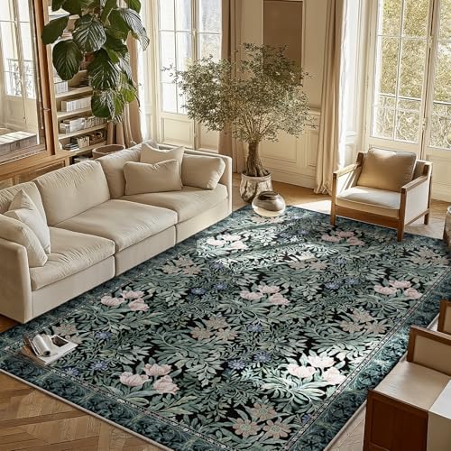 Image of Washable Area Rugs 6x9 Black Green Vintage Floral Botanical Pattern,Perfect for Living Room, Bedroom, Kids Room, Nursery - Stain & Water Resistant Non-Slip, Pet & Child Friendly /Bedroom Decor
