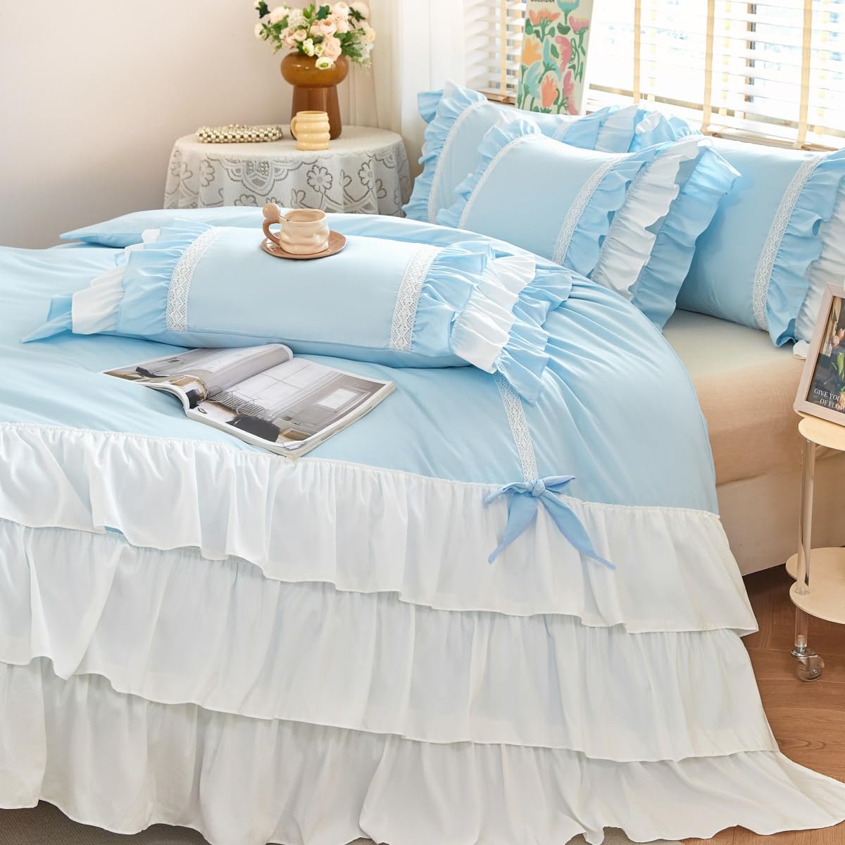 Ruffle Duvet Cover Twin Size, Girl Bow Bedding, Shabby Chic French Country Style for Bed Decor, 2PCS - 1 Twin Duvet Cover 66x90 Inch and 1 Pillowcase, Coquette Princess - Blue and White