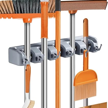 Nirency Broom Holder Wall Mounted, Mop Holder with 5 Slot & 6 Hooks ( Pack of 1 )
