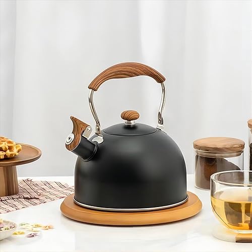 Miniatura 6 de Tetera para estufa, hervidor de té silbante de 2.5 cuartos de galón, estufa de acero inoxidable de grado alimenticio con mango plegable de madera