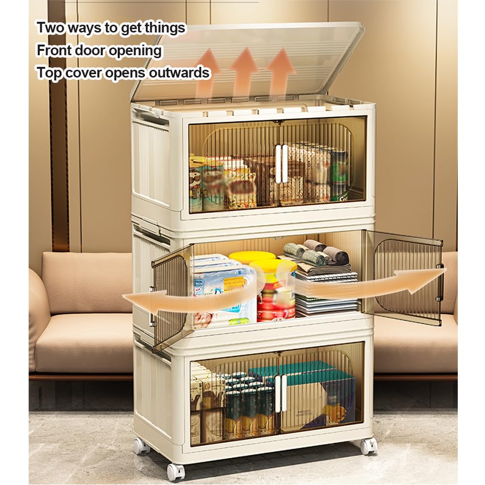 Caja de almacenamiento con tapa, cajas de almacenamiento apilables con apertura frontal, cajas de almacenamiento de plástico plegables con puertas magnéticas y ruedas, para dormitorio, sala de estar,