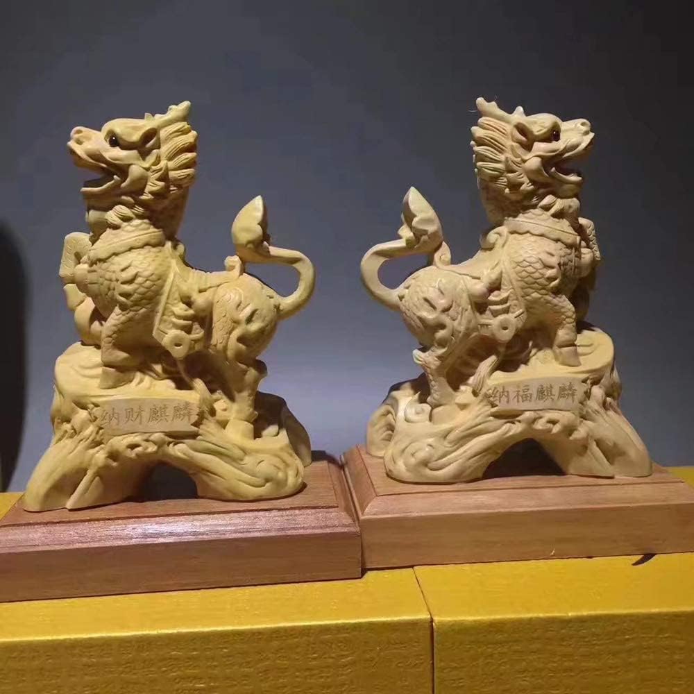 高額売筋 風水装飾品中国の麒麟 チーリンキリンの彫像のペア 木製の装飾の繁栄の置物の家とオフィス 富と幸運を引き付ける 手作り Cougaropen Com