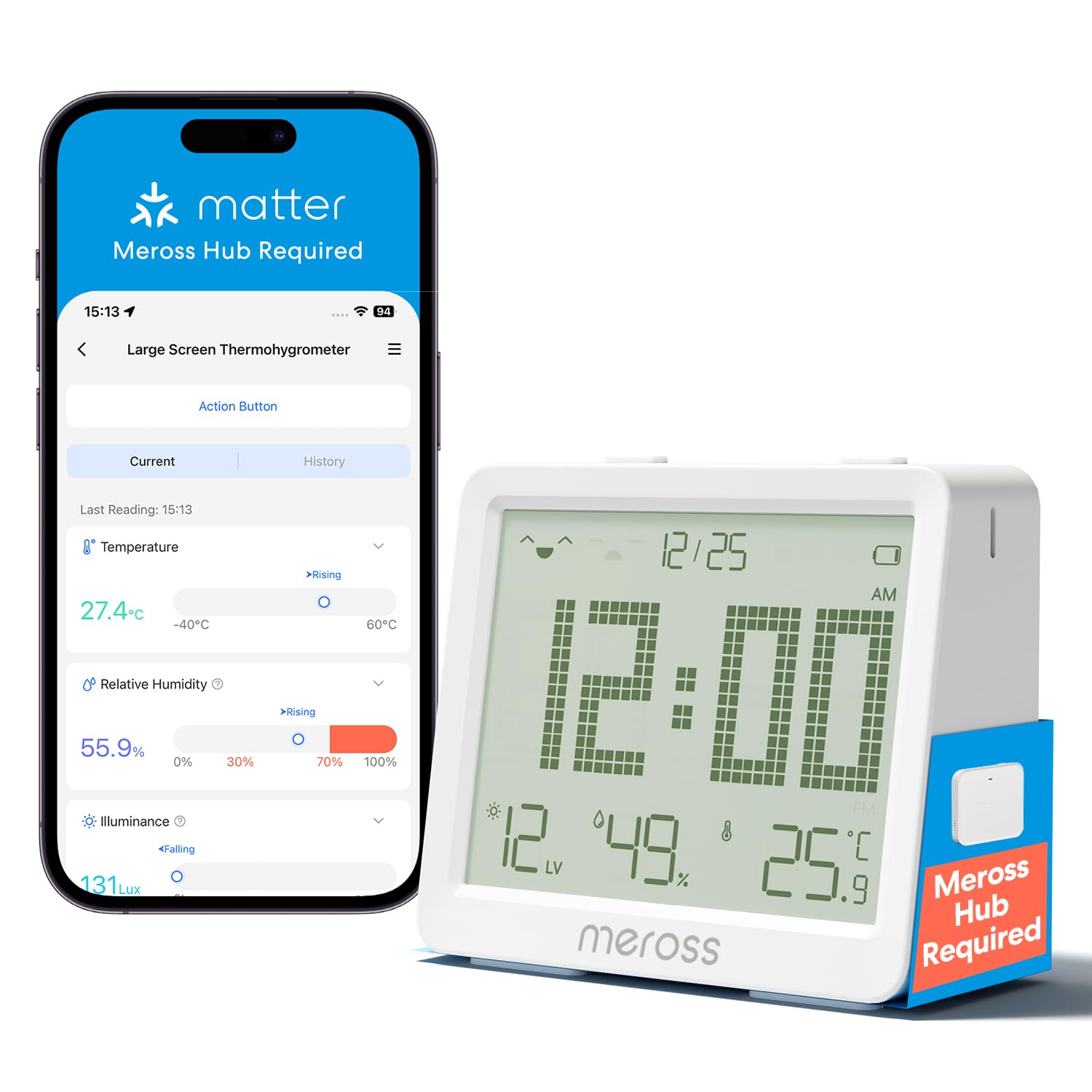 Meross Termometro Ambiente Interno WiFi, Termometro Igrometro WiFi con Allarme di Notifica, 3 Anni Durata Batteria, Compatibile con Matter, Apple HomeKit, Alexa e Google Home (Richiede un Hub)
