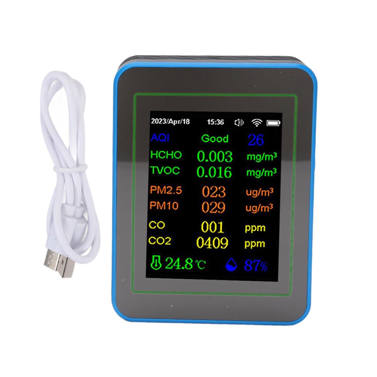 12-w-1 Monitor Jakości Powietrza, Miernik Jakości Powietrza w Czasie Rzeczywistym z Wykrywaniem PM2,5/PM10/TVOC/CO2/HCHO, Kontrola Aplikacji Wi-Fi, Wyświetlacz Kolorów, Czujnik (Biały i