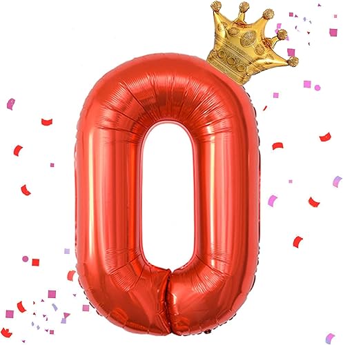 HIBILDER Globo rojo de 40 pulgadas con número 0 y corona pequeña para decoraciones de fiesta de cumpleaños, suministros de decoración de globos de