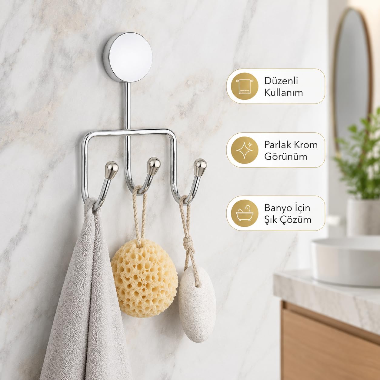 Alper Banyo İris Krom Kaplama Üçlü Askılık, Yapışkanlı ve Vidalı Montajlı Duvar Askısı, 35 mm Oval Bantlı Banyo Mutfak Antre Askısı