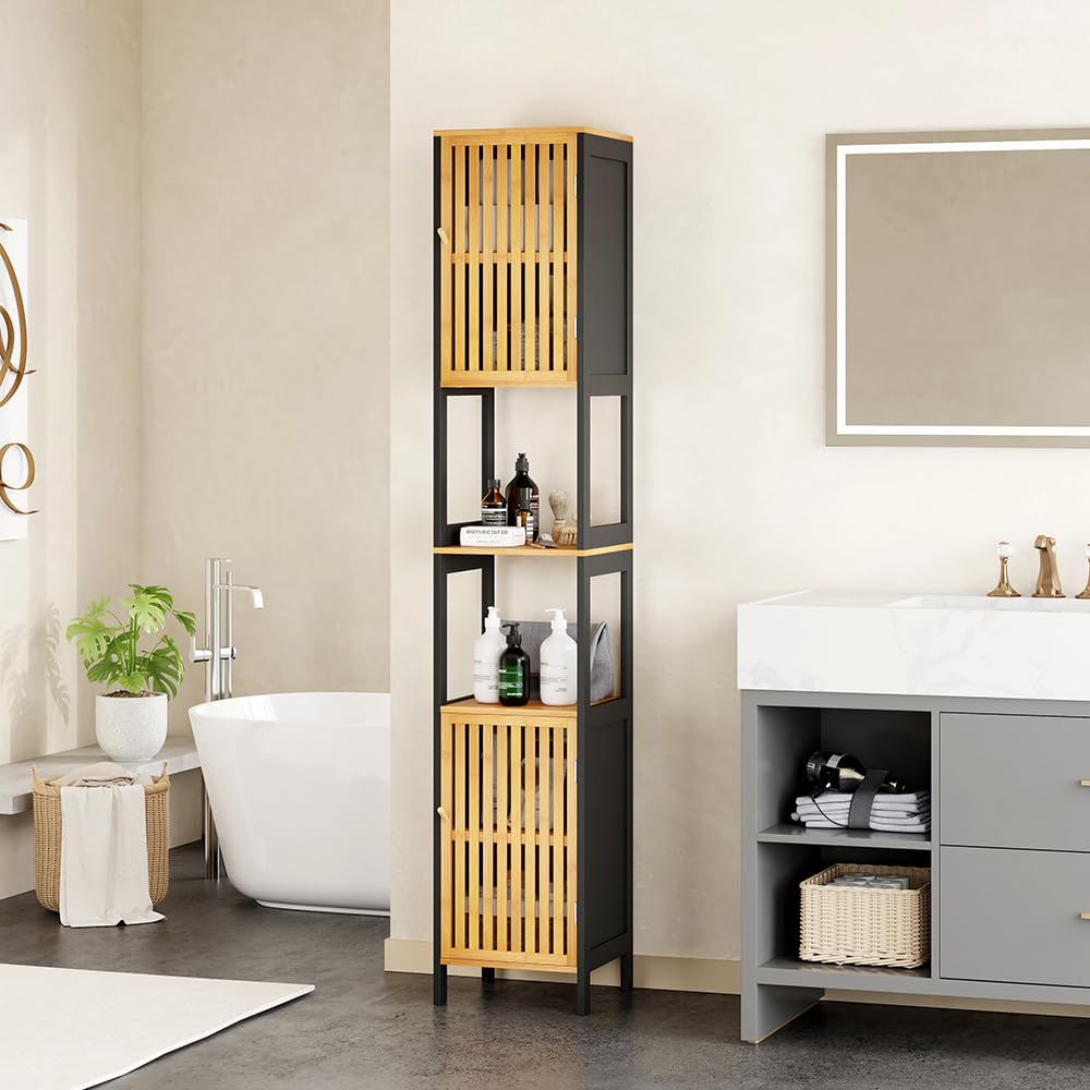 Colonne Rangement Salle de Bain/Meuble de WC - Gain de Place, Noir et Bois Clair – Structure MDF + Bambou Véritable – Finition Bois Naturel – Déco Zen, Idéal pour Toilettes et Salle de Bain
