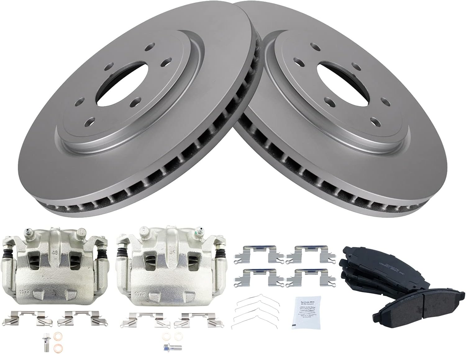 TRQ Front Brake Pad & Rotor Kit Brake Caliper Brake Pads Brake Rotor Ceramic Premium G-Coated Compatible with 2005-2019 Nissan Frontier 2005-2012 Pathfinder 2005-2015 Xterra
