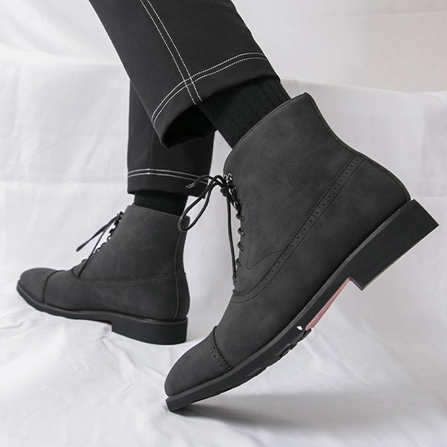 Men's Cap Round Toe Suede Brogue Oxford Shoes Fashion Low Heel Comfortable Rubber Sole Lace Up Non Slip Dress Chukka Boots for Office Business Casual Work - Image 5