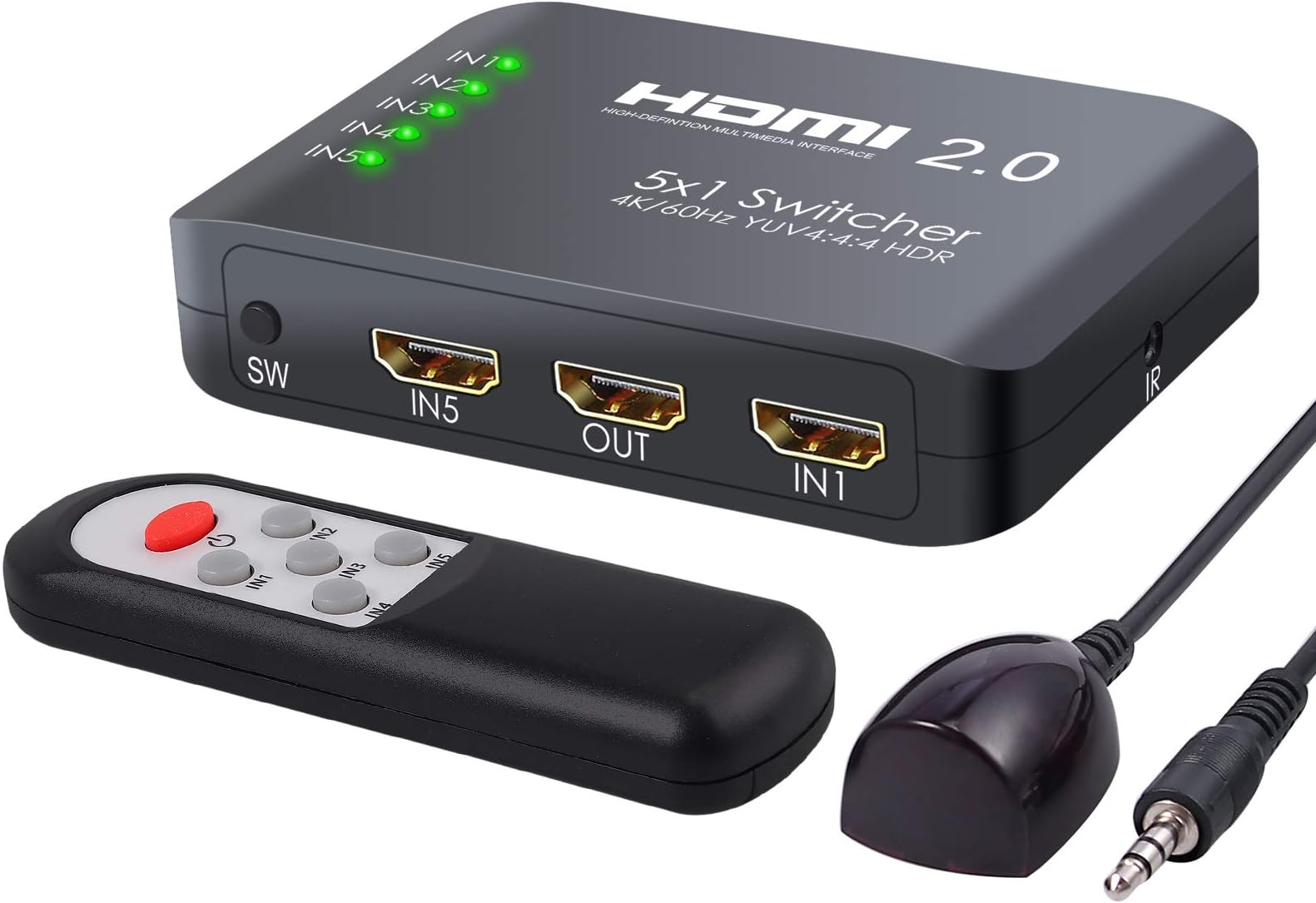 LiNKFOR HDMI Switch 5 IN 1 OUT HDMI 2.0 Switcher 2160P 4K@60Hz YUV 4:4:4 with IR Remote Ver 2.0 HDCP 2.2 Support HDR Compatible with Blue-ray Projector TV