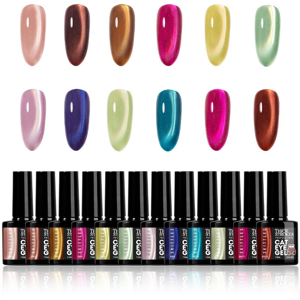 THR3E STROKES Silk Cat Eye Gel Polish Set - 12 Colors (7.5ml) - Magnetic Velvet Shimmer Effect - UV/LED Soak Off Nail Art Manicure Kit (SKITTLES)