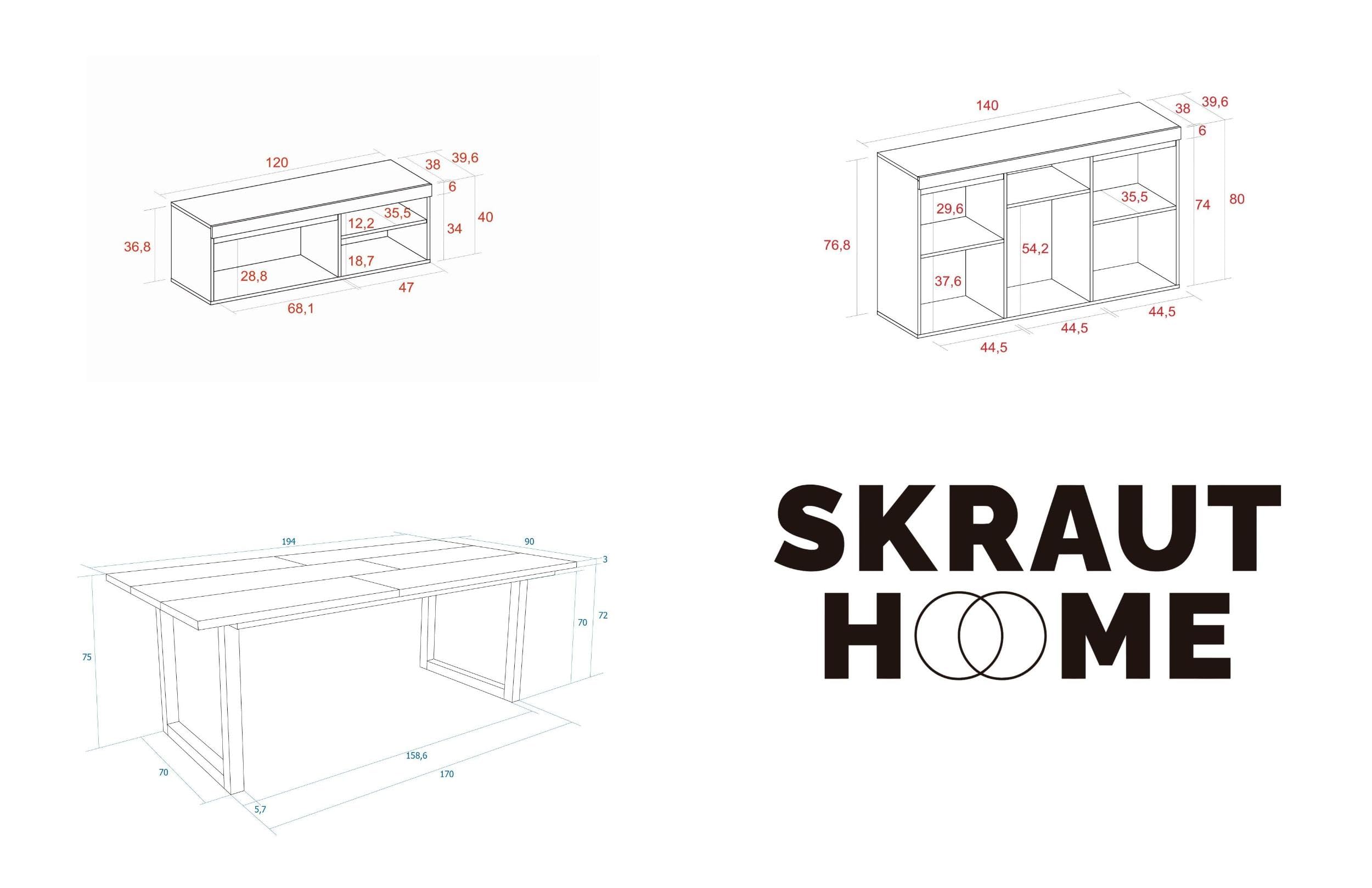 Skraut Home - Set di mobili per il soggiorno | Tavolo 200 piedi U 10 commensali | Mobile TV 120 | Madia/Credenza 140 | Rovere e Nero | Stile industriale