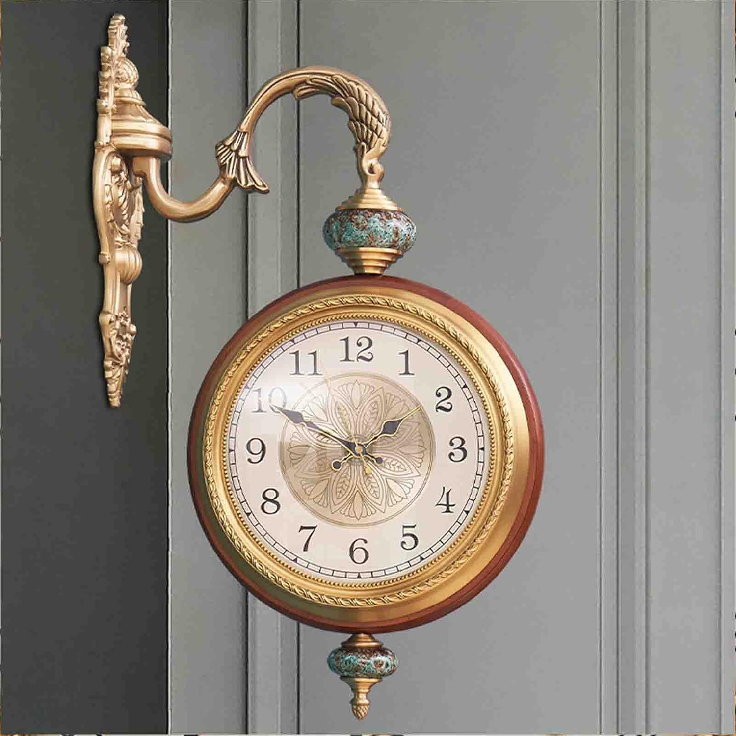 Large Wall Clocks,Pure Copper Antique-Look Round Wall Hanging Double Sided Two Faces Retro Station Clock Round Chaner Wall Hanging Clock with Scroll Wall Si (C)
