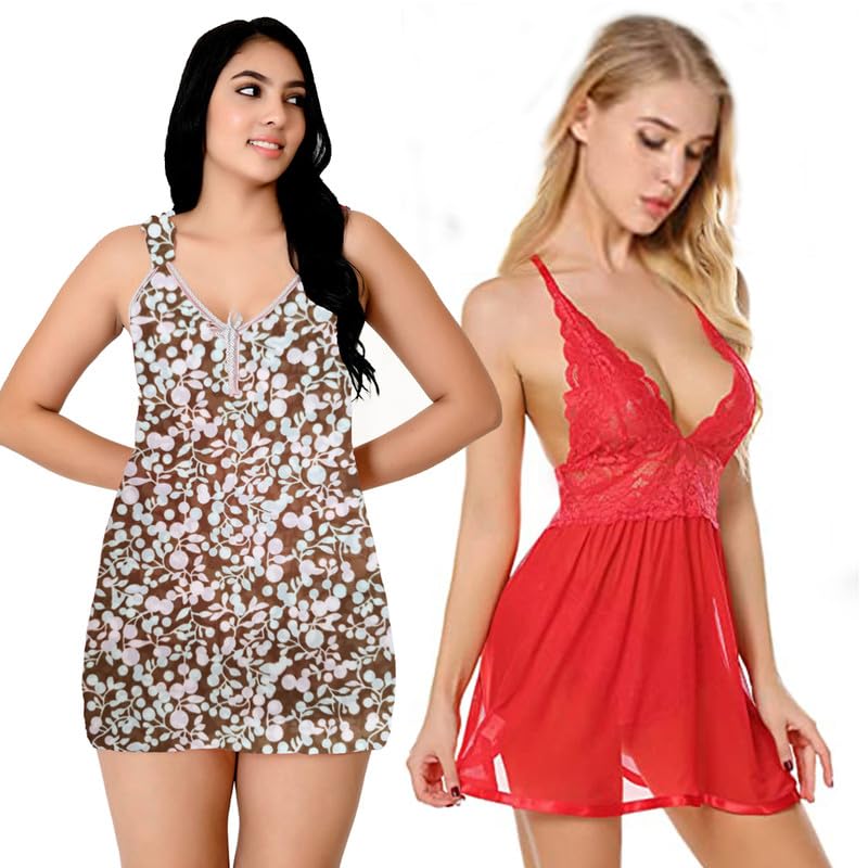 Image of Love Maker Soft Spandex Net Women Babydoll Honeymoon Nightwears Combo Small to 3XL