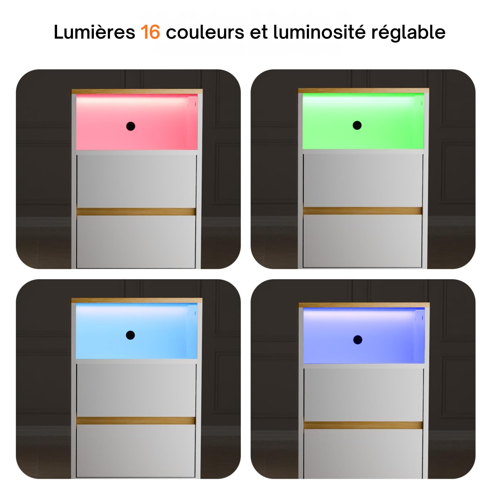 LEADZM Table de Chevet Lot de 2 avec lumières LED avec Station de Charge et Ports USB,Table d'appoint, Commode de Nuit, 40 x 30 x 60cm, Blanc Brillant Fiche européenne