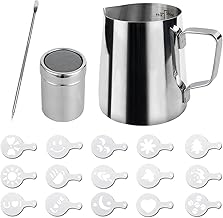 Bricco per Latte in Acciaio Inox, 1 Pezzi Bricco Latte Schiumatore Schiuma Brocca Tazza 350ml con 1 Pezzi Misurazione della Latte Art Penna Lattiera per cappuccino in Acciaio Inox Caffè Latte Art