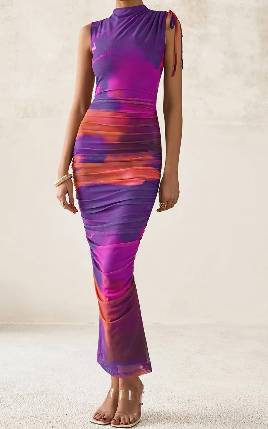 PRETTYGARDEN Women's Summer Maxi Floral Dresses Ruched Bodycon Sleeveless Mesh Formal Wedding Guest Cocktail Split Long Dress - Image 8