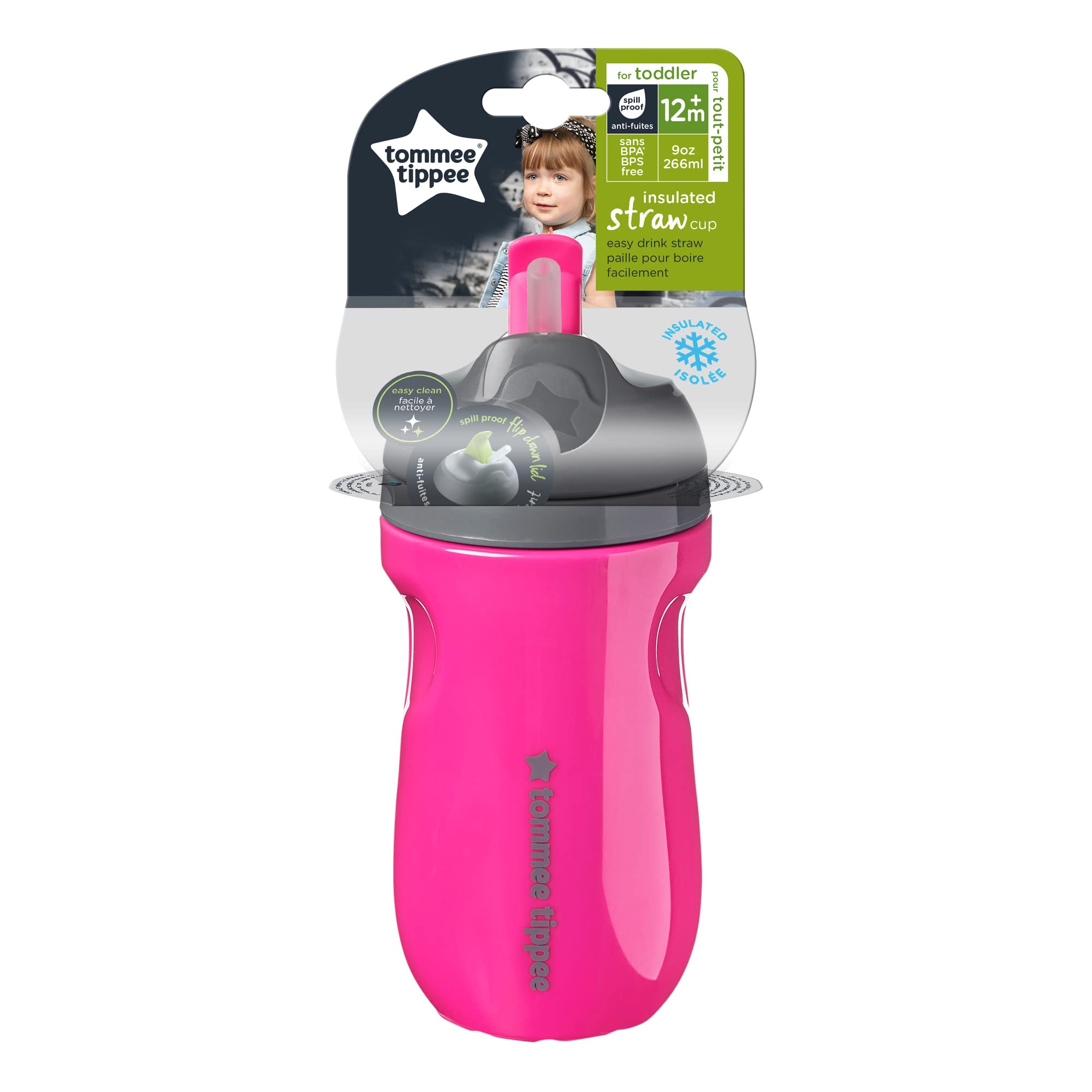 Tommee Tippee Isolierter Trinkbecher mit Strohhalm für Kleinkinder, ab 12 Monaten, 1 Stück, Rosa, 549358