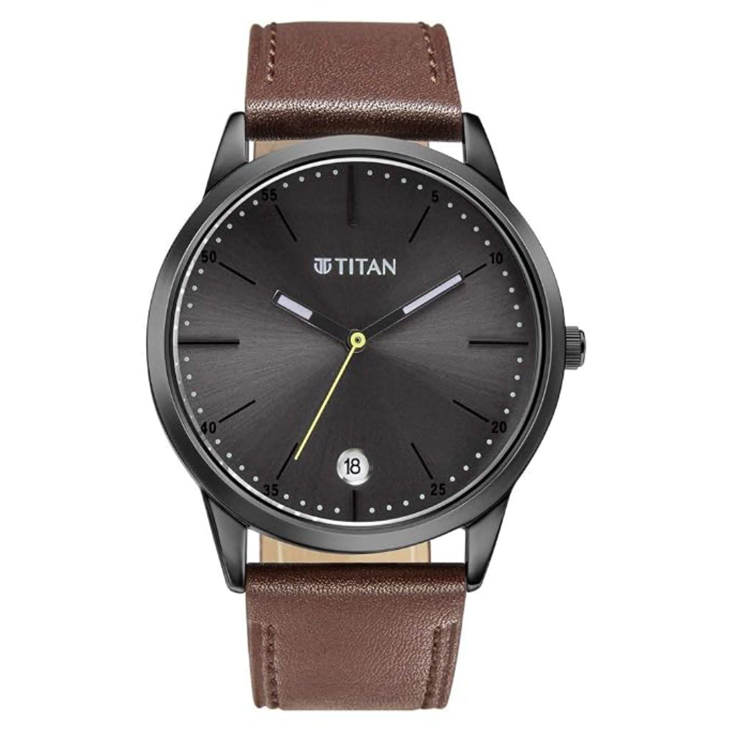 titan P3H +Date @ 6H Classique Anthracite Round Dial Brown Colour Leather Strap Mens Watch - 1806QL01-picture-4