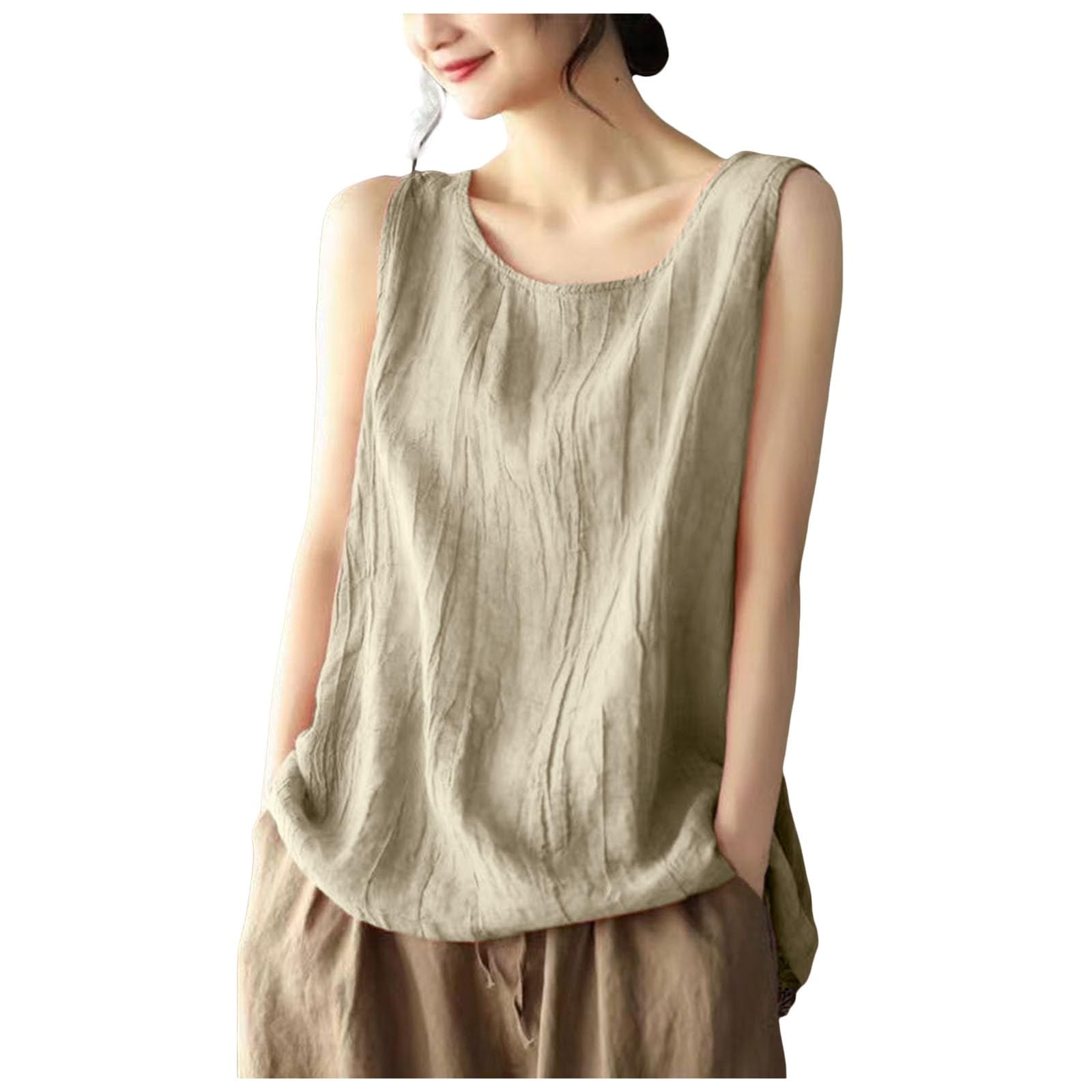 [lisusut] ノースリーブ タンクトップ レディース キャミソール スクエアネック 薄手 ベスト リネンシャツ 春夏 上着 大きいサイズ ゆったり 綿麻 ブラウス エレガント カジュアル 袖なし 無地 体型カバー 森ガール 日常 Tシャツ トップス