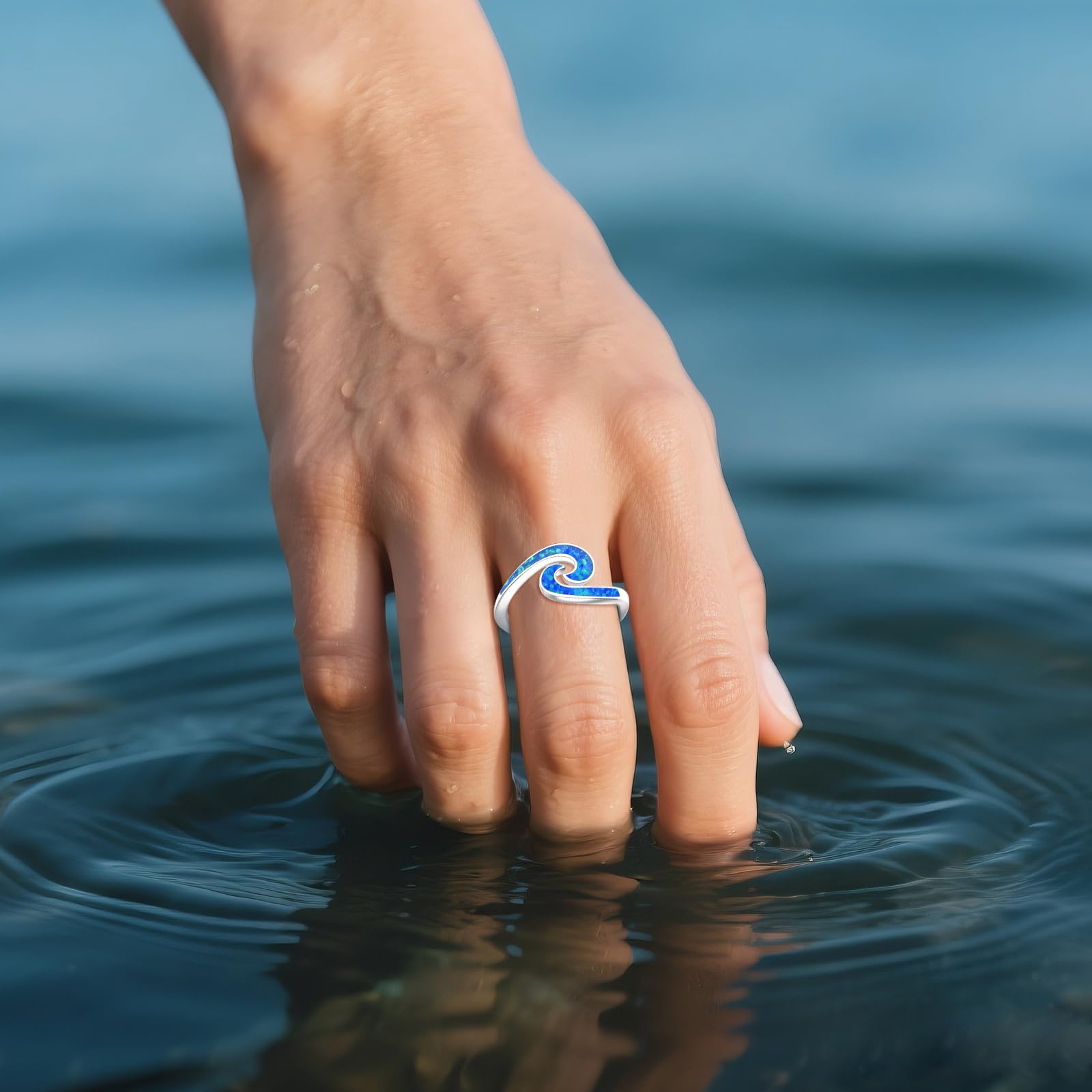 URONE Wave Ring 925 Sterling Silver Blue Opal Ocean Wave Rings Sea Beach Jewellery Gifts for Women