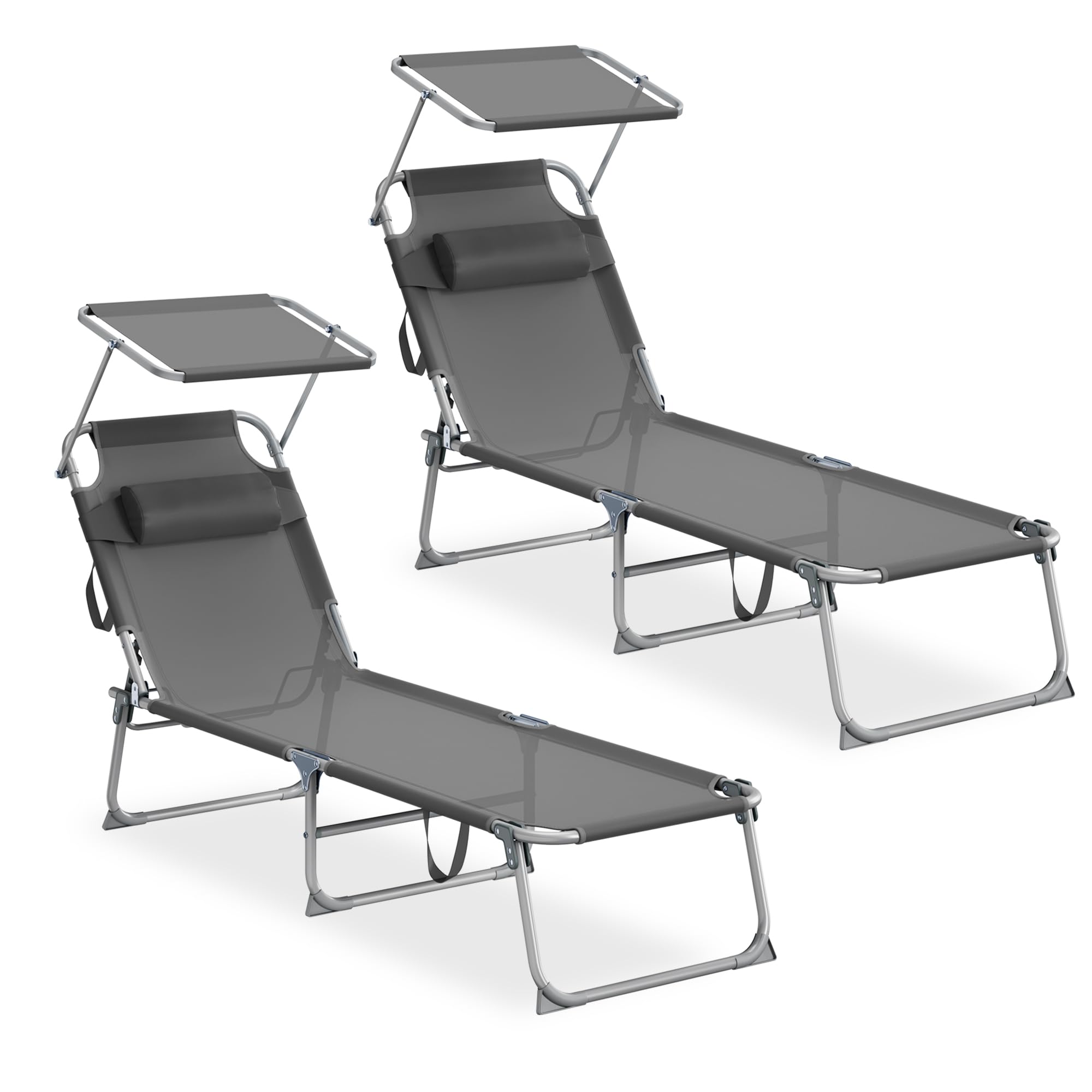 SONGMICS Sonnenliege klappbar, 2er Set, mit Kopfstütze, 189 x 53 x 28,5 cm, Gartenliege, belastbar bis 110 kg, verstellbare Sonnenblende und Rückenlehne, für Terrasse, Balkon, grau GCB292GZ02