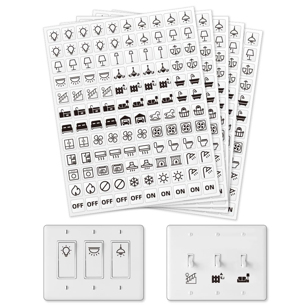 600 étiquette Autocollante pour Interrupteur 33 modèles D'Autocollants D'Identification de Commutateur Transparents pour la Maison Cuisine Salle de Bains École de Bureau 15 x 15 mm