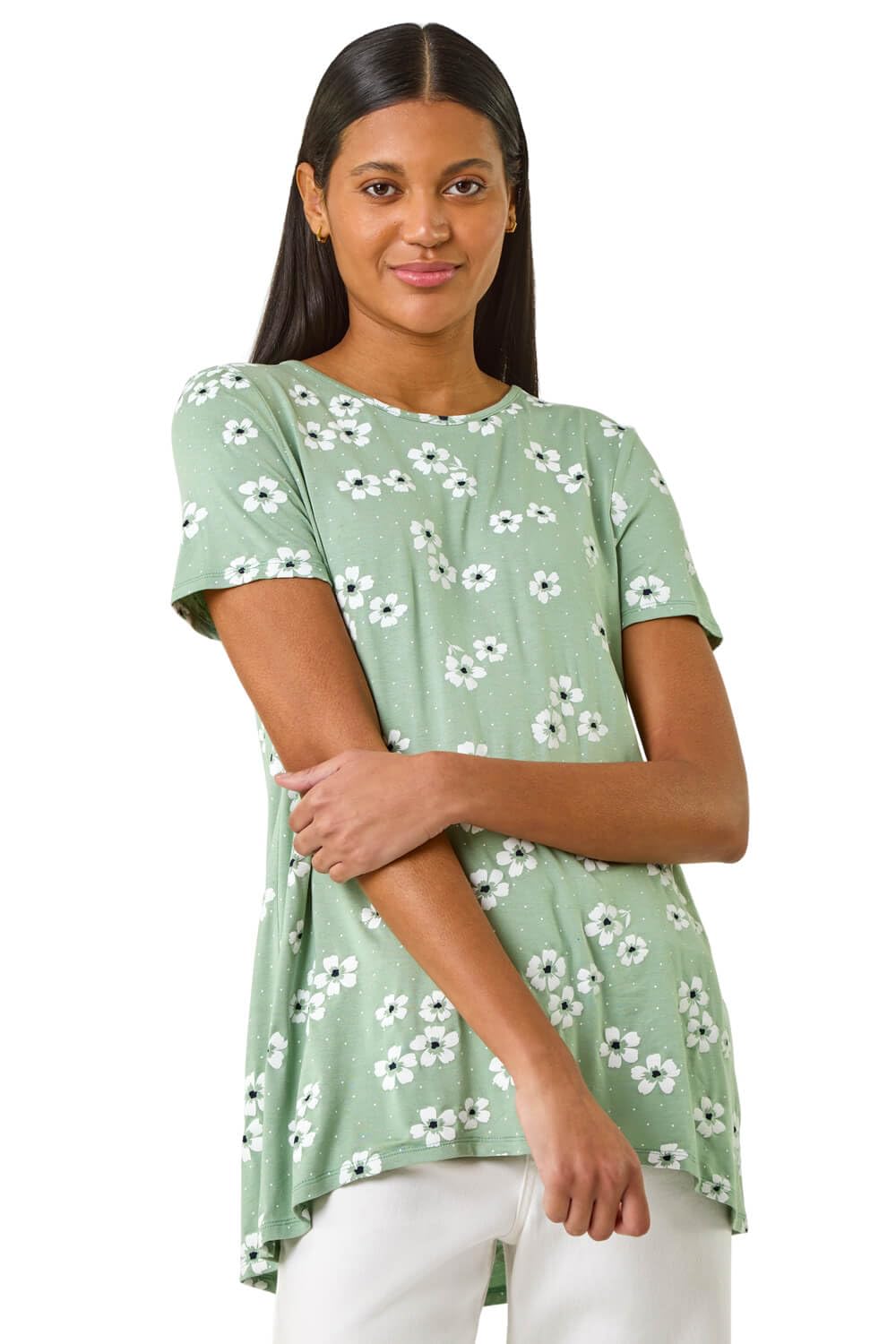 Roman Originals Women's Sage Floral Hanky Hem Tunic Top For Uk - Longline Blouse Asymmetric Hemline Short Sleeves Casual Slouch Loose Summer Spring Relaxed Comfortable - Size 12