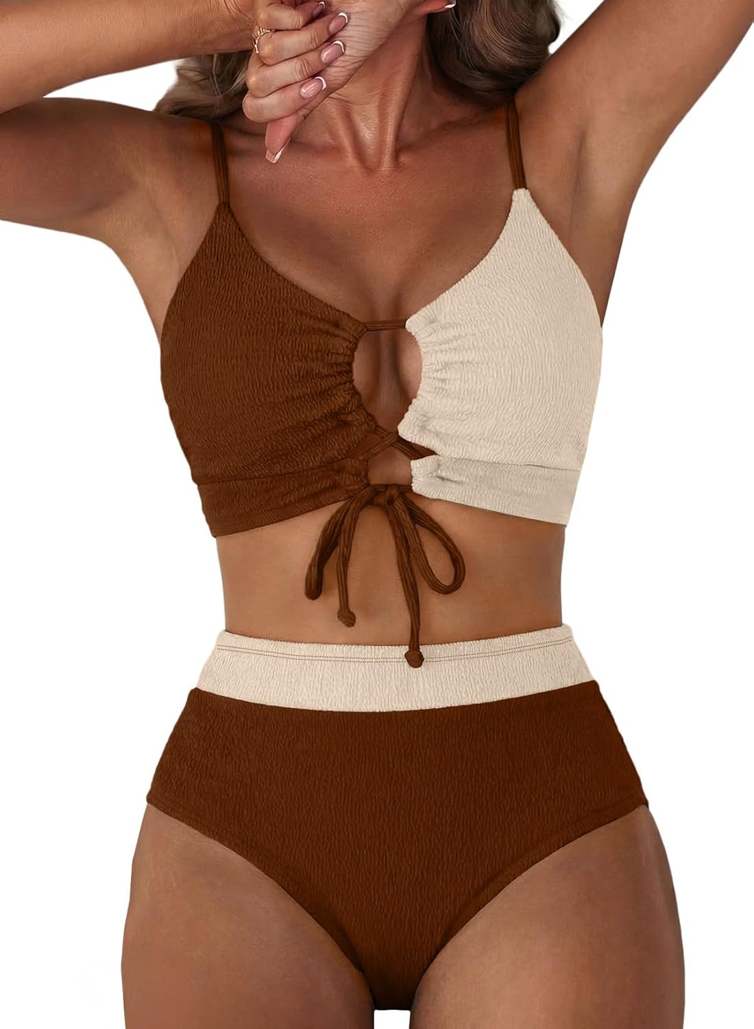 Herseas Womens Sexy Textured Bikini Sets High Waisted Tie Front Swimsuits 2 Piece Color Block Bathing Suits Resort Wear