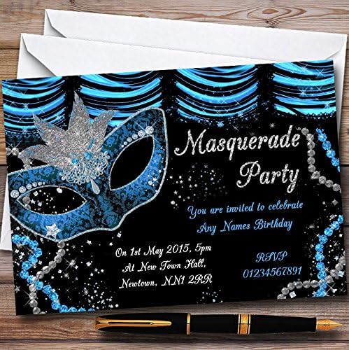 Blue & Black Mask Masquerade Ball Personalized Party Invitations