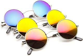 zeroUV Lennon Style Round Circle Metal Sunglasses with Color Mirror Lens (3-Pack)