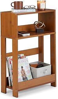 Narrow Side Table, 7 Inch Slim Bamboo Nightstand with 3-Tier Storage & B...