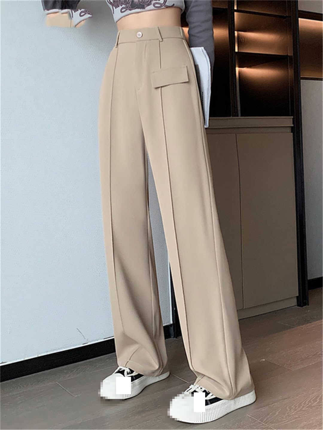 Summer Spring Women's Suit Pants Elastic High Waist Solid Color Work Wide Leg Pants