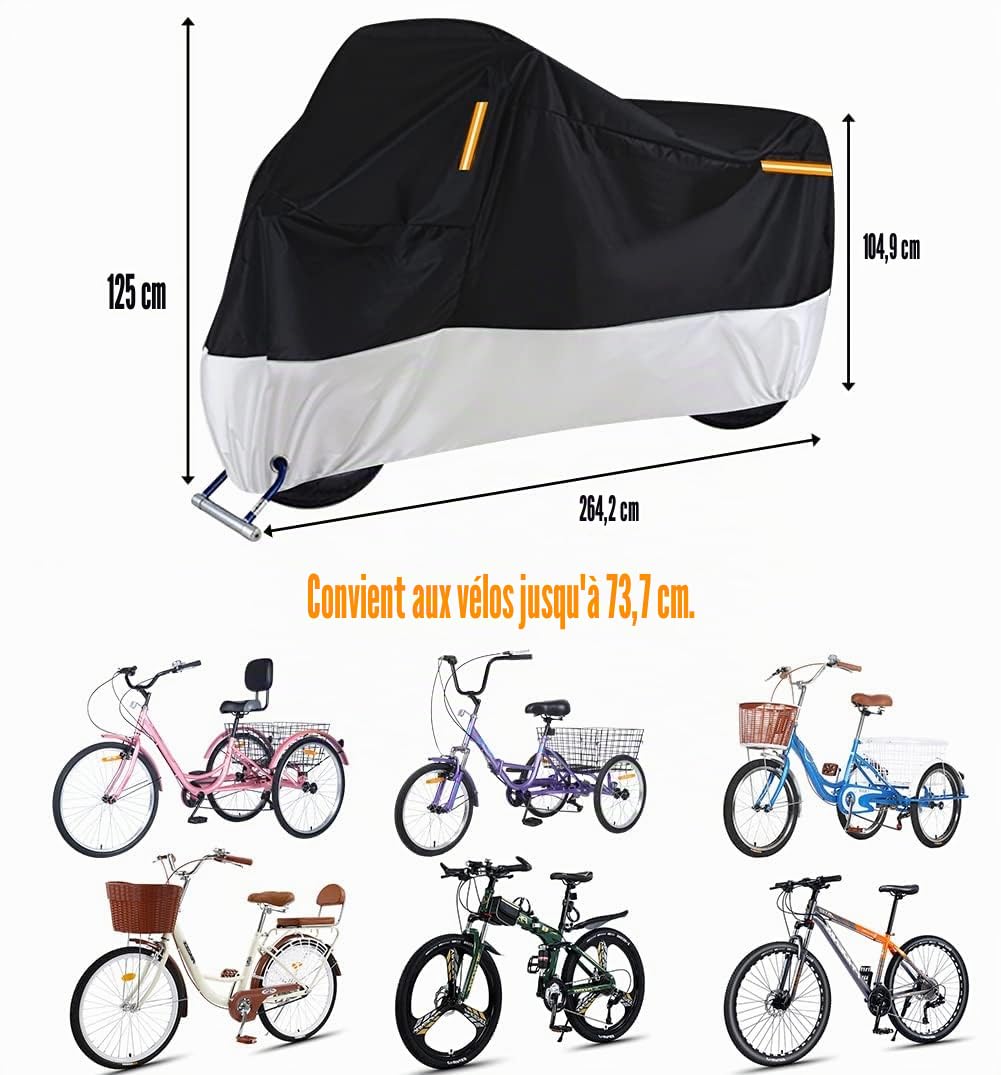 Housse de qualité supérieure pour Tricycle pour Adulte, Compatible avec Tous Les vélos à 3 Roues ou Motos - Rangement extérieur et intérieur - 264,2 x 110 x 124,5 cm (L x l x H) (Noir et argenté,