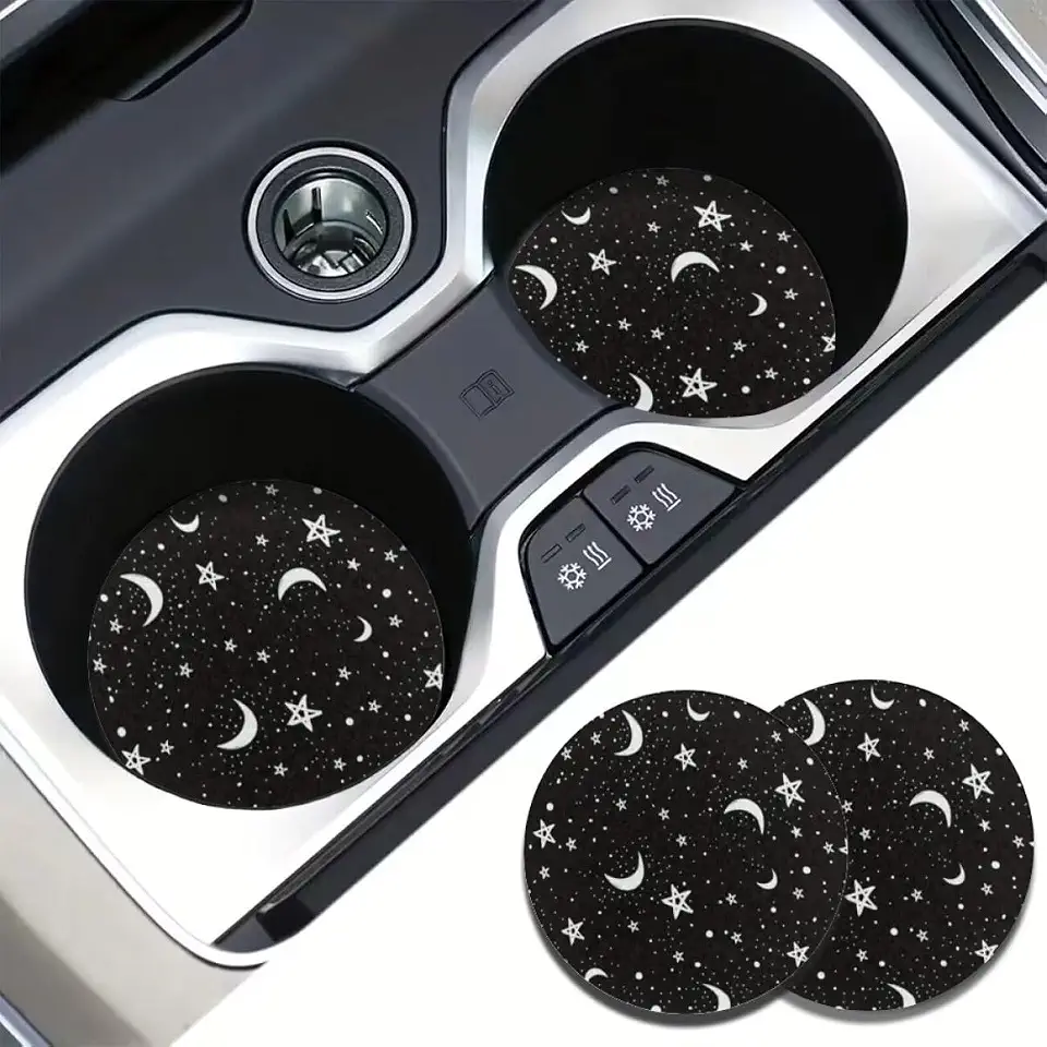 2pcs Black Star Moon Pattern Car Coasters, 2.75-in Celestial Starry Sky