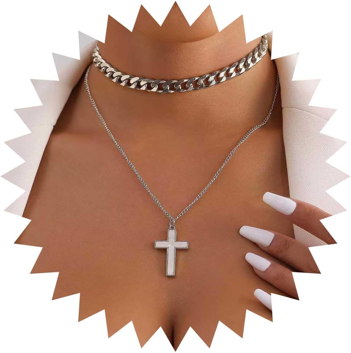 Boho Layered Cross Choker Necklace Gold Cross Pendant Necklace Chunky Cuban Link Chain Necklace Vintage Crucifix Necklace Chain Jewelry for Women