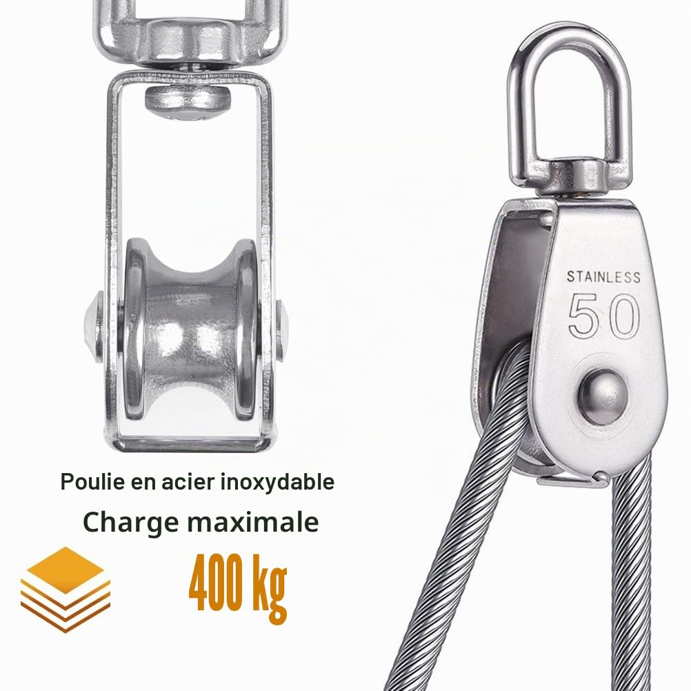 BUYGOO 2PCS Poulie Simple Acier Inox M50/400KG Poulie de Levage Poulie Acier Inoxydable, Poulie avec Roulements Pivotants, Poulie Bloc Poulie Simple Poulie Pivotante à Bloc Unique 304 Acier Inoxydable