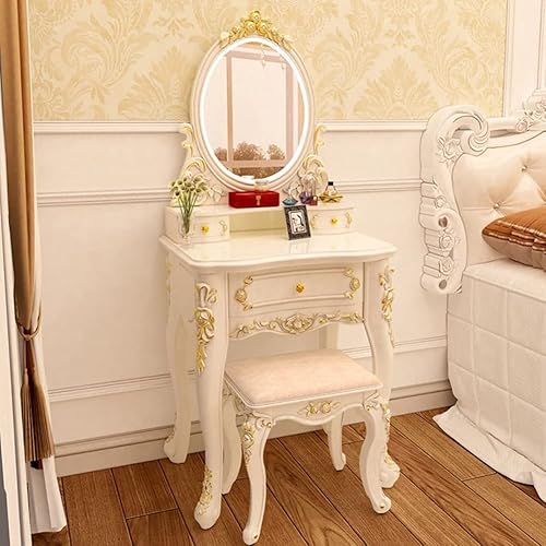Miniatura 6 de KWOKING Escritorio de maquillaje victoriano, juego de tocador de maquillaje blanco con cajones, tocador con espejo iluminado LED regulable, mesa de