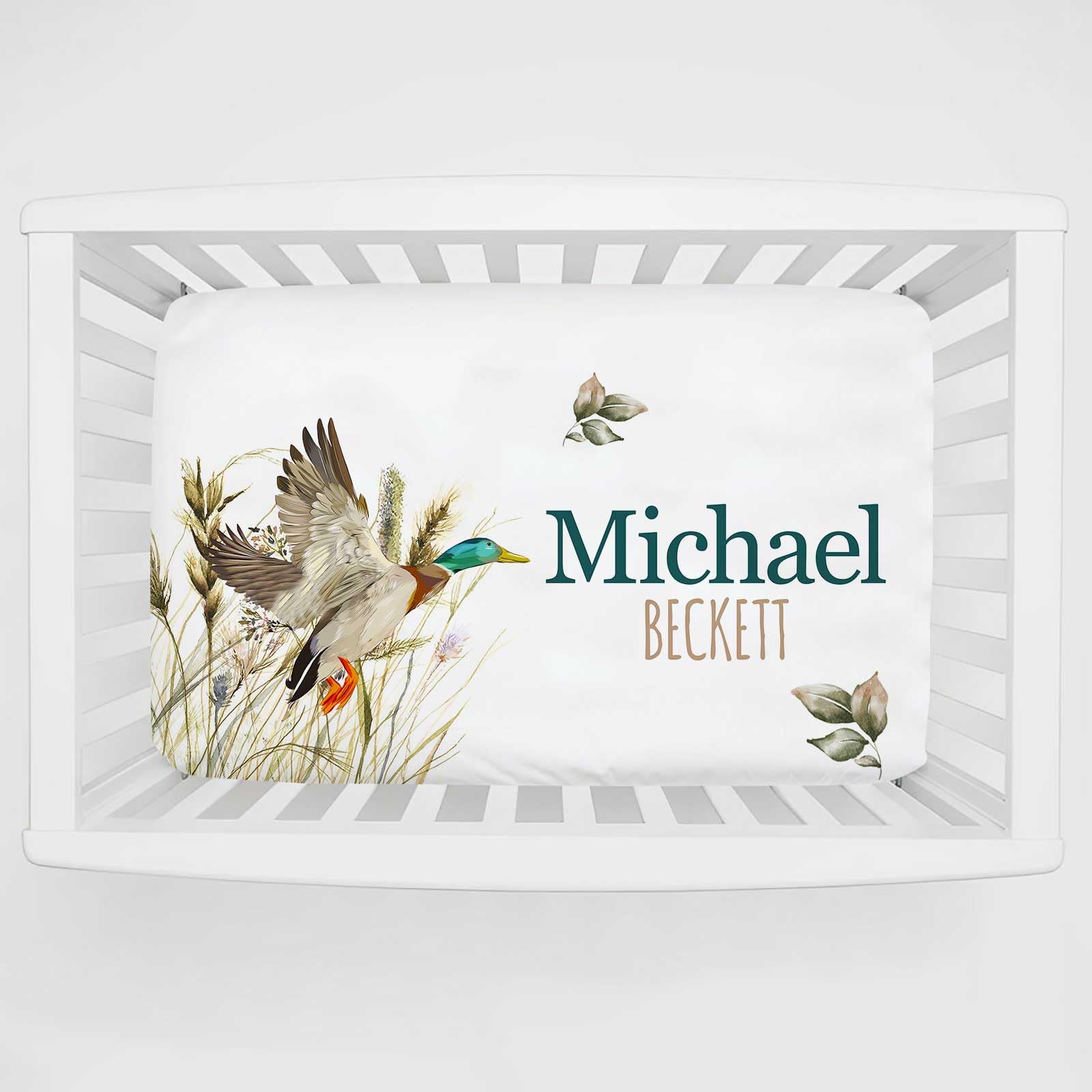 Munific Personalized Mini Crib Sheets with Name, Custom Name Baby Pack and Play Sheets for Boys Girls, Name Pack n Play, Customized Soft Fitted Sheet with Name (Wild Duck), 39x27x5 Inch
