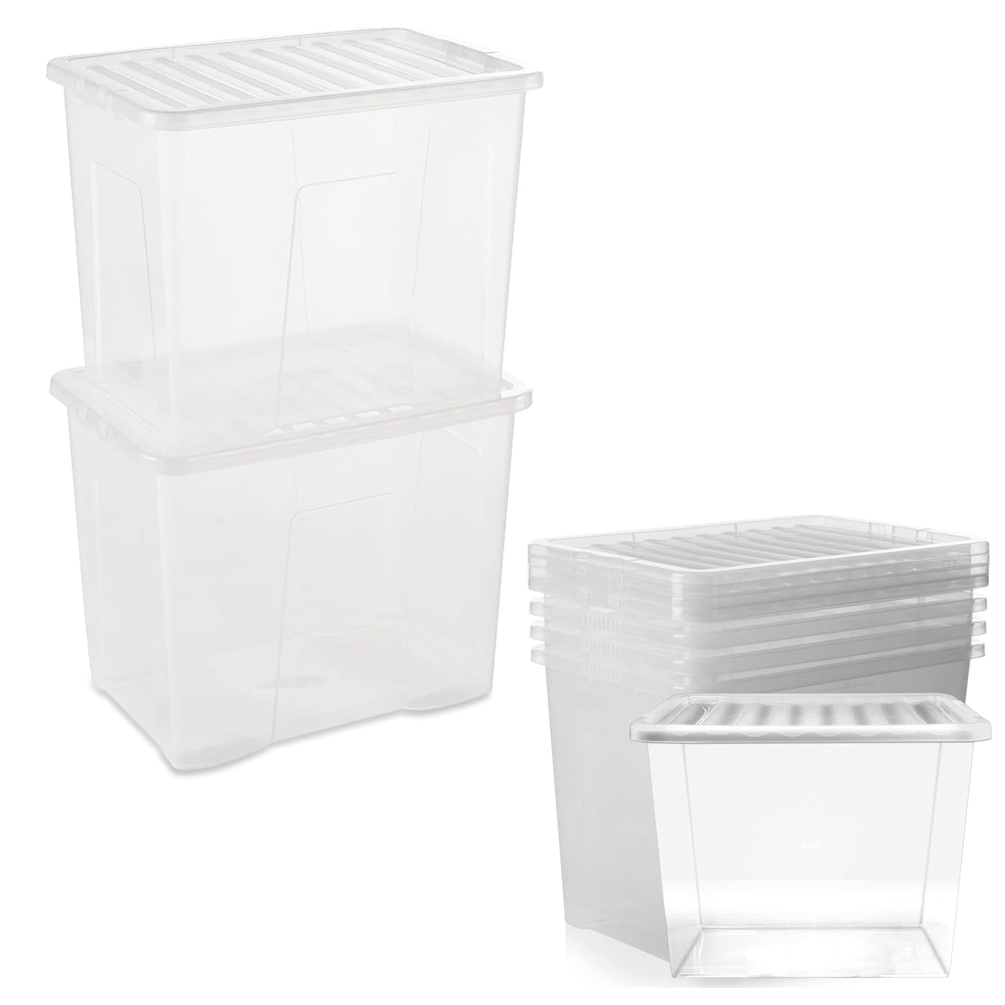 Pluto Packaging Clear Pack Of 3 Strong Stackable 80 Litre Transparent Large See Through Storage Boxes With Lids