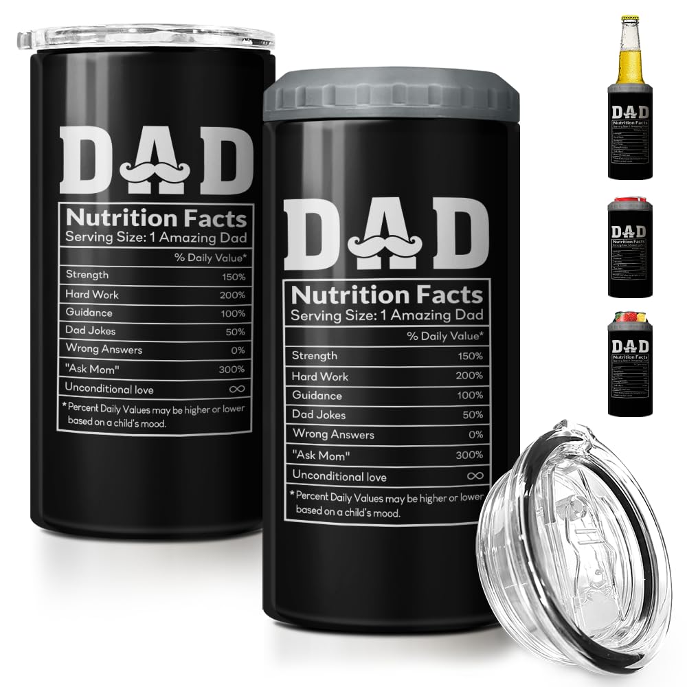 SANDJEST 4-in-1 Dad Tumbler Gifts for Dad from Daughter Son - 12oz Dad Nutrition Facts Can Cooler Tumblers Cup - Stainless Steel Insulated Cans Coozie Christmas, Birthday, Father's Day Gift for Daddy