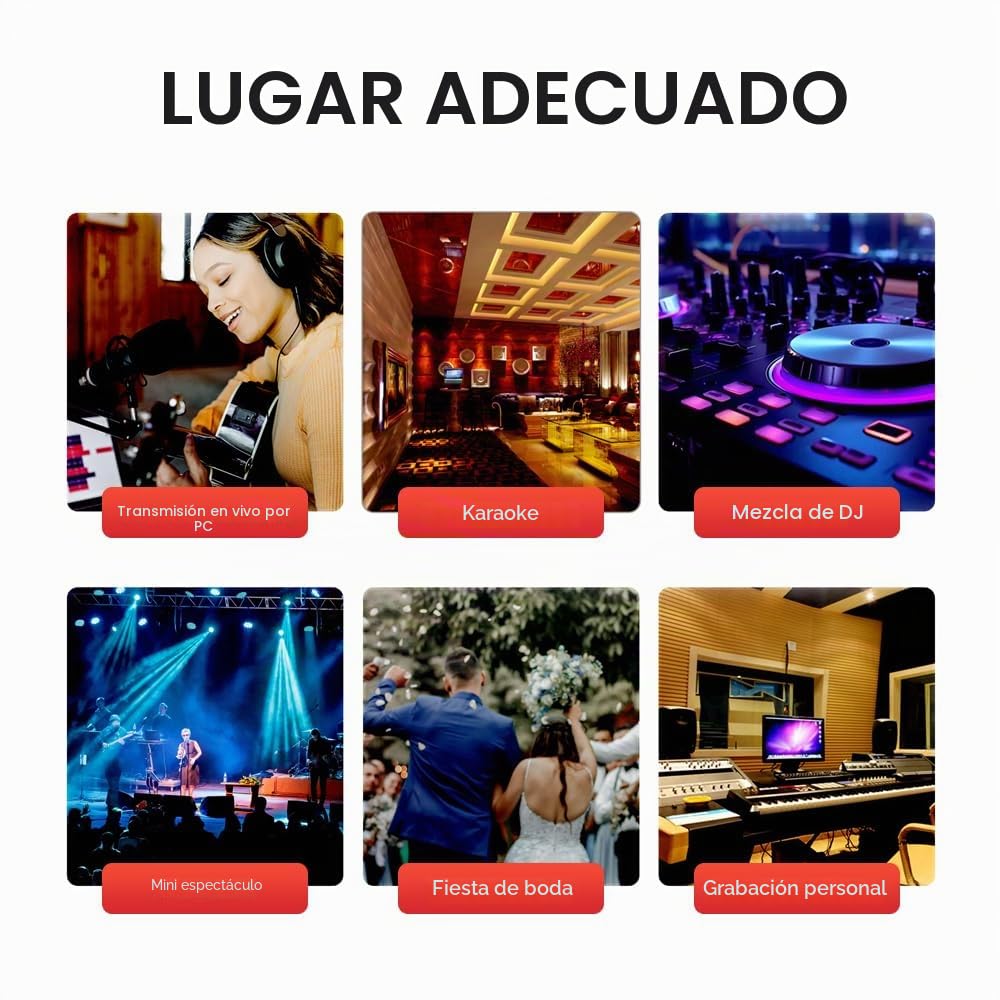 Mezclador de DJ de 4 canales M4 (rojo), mezclador de audio con Bluetooth y USB, crossfader, ecualizador de 3 bandas, control de ganancia y función de monitor de señal, tablero de sonido