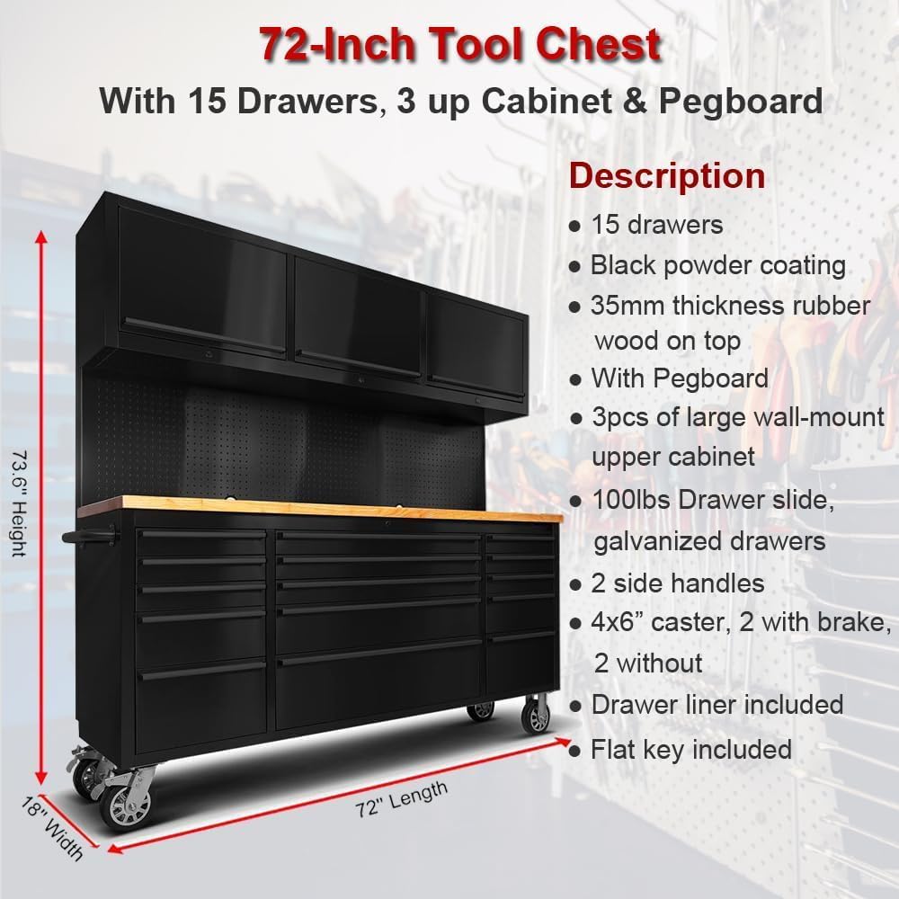 72'' Rolling Tool Chest with 15 Drawers + 3 Upper Cabinets, Large Tool Box, Matte Black Mobile Workbench, Lockable Storage Cabinet with Wheels for Garage Workshop (1 × HTC7218PC)