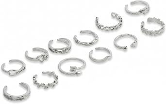 Zirax 12 Pcs Silver Adjustable Rings Set for Women Girls, Alloy Open Toe Rings Stackable Thumb Ring, Heart Flower Leaf Design Party Jewelry Gift