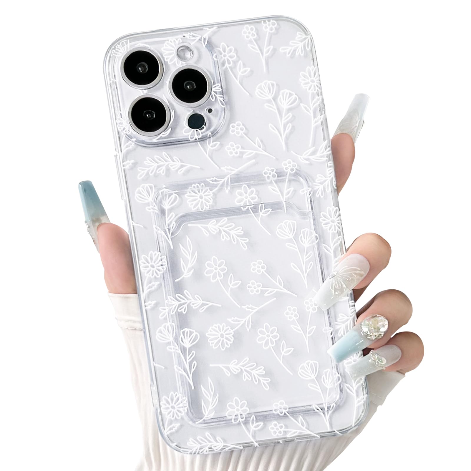 NITITOP Compatible with iPhone 13 Pro Case Clear with Card Holder Cute Flower Floral Leave Pattern for Women Girl Soft TPU Shock-Absorbing Wallet Case