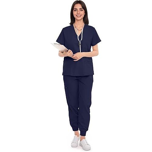 Scrubs for Women Set, V-Neck Scrub Top & Jogger Pants Medical Uniform with 9 Pockets, Yoga Waistband