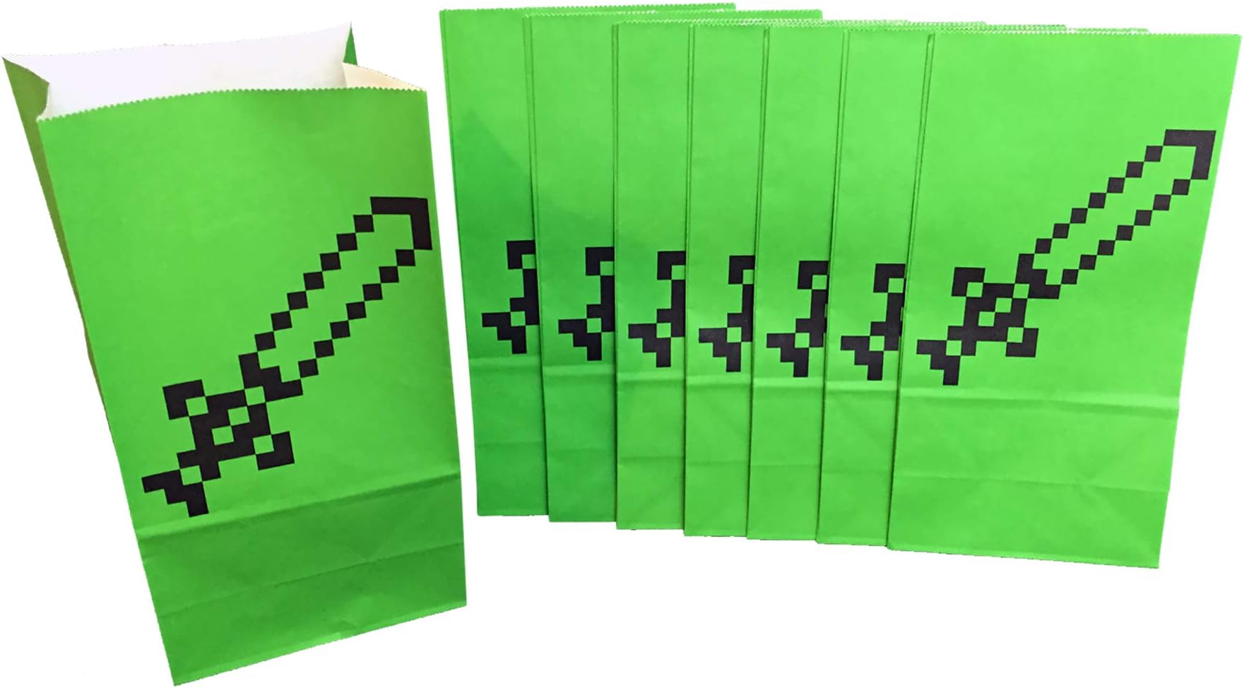 Pixel Sword Goodie and Party Favor Bags (8 pack) - Miner Style Pixel Design - Perfect for Birthday Party Favors, Lunch Bags or Popcorn